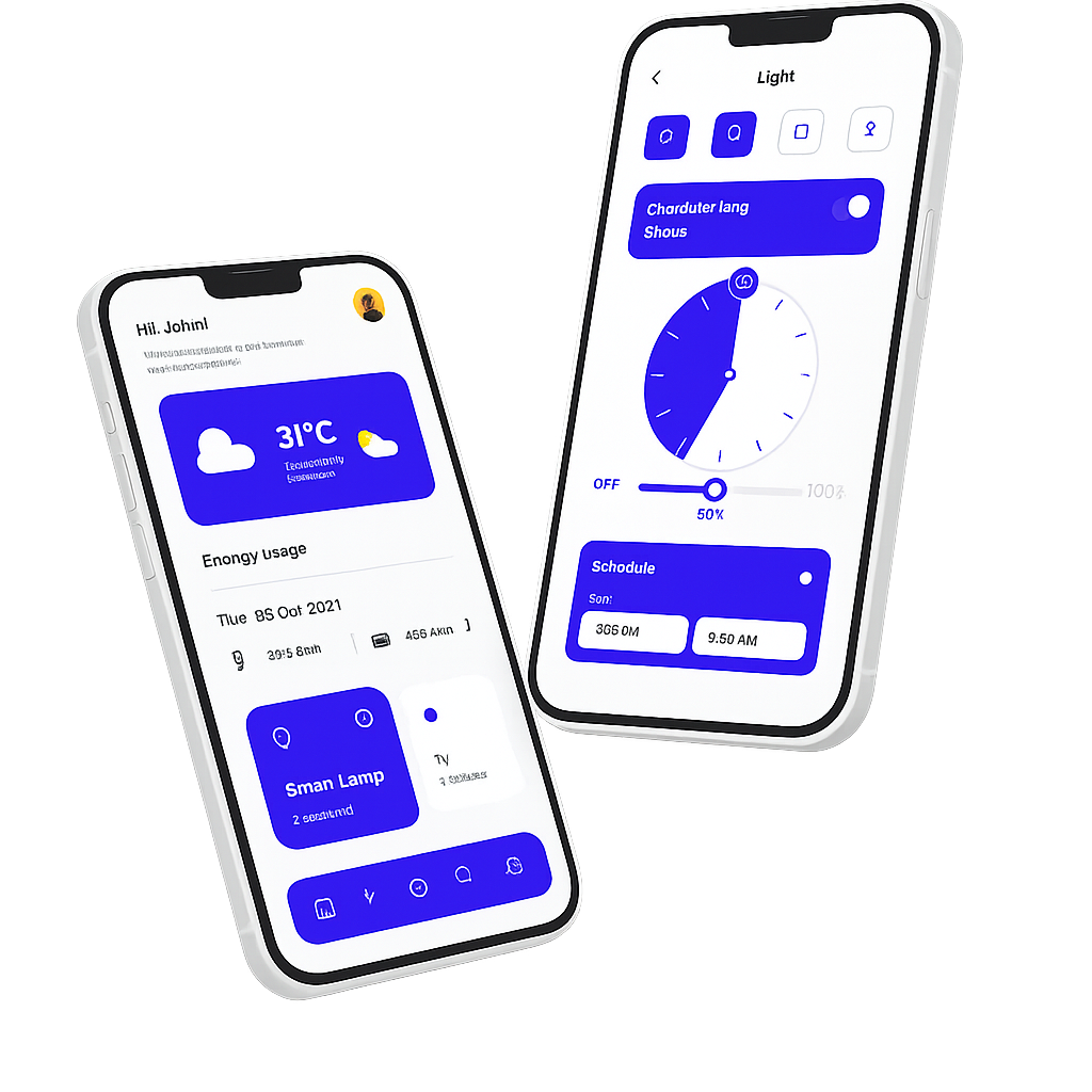 Mockup do aplicativo Klug Home exibido em dois smartphones com interface de automação residencial.